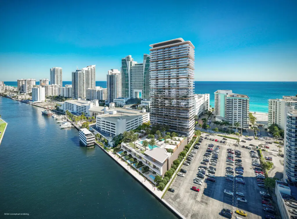 Icon Beach Hollywood condos aerial view over the bay and Atlantic Ocean
